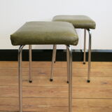 Duo of vintage stools in chrome and green skai