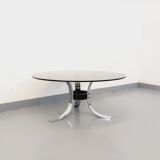 Table basse ronde vintage en verre, métal chromé et métal noir style Space Age des années 70