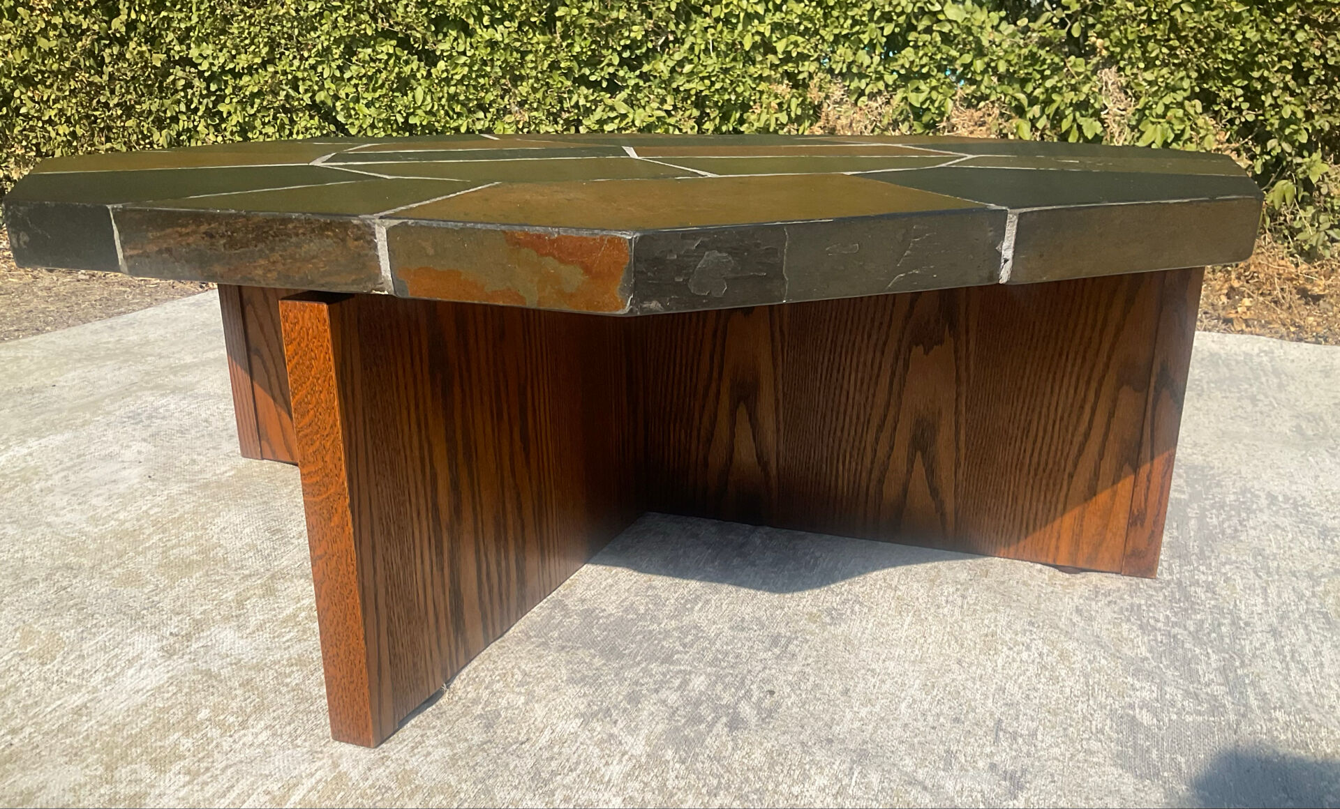 Brutalist octagonal coffee table from the 1970s in solid oak and slate.