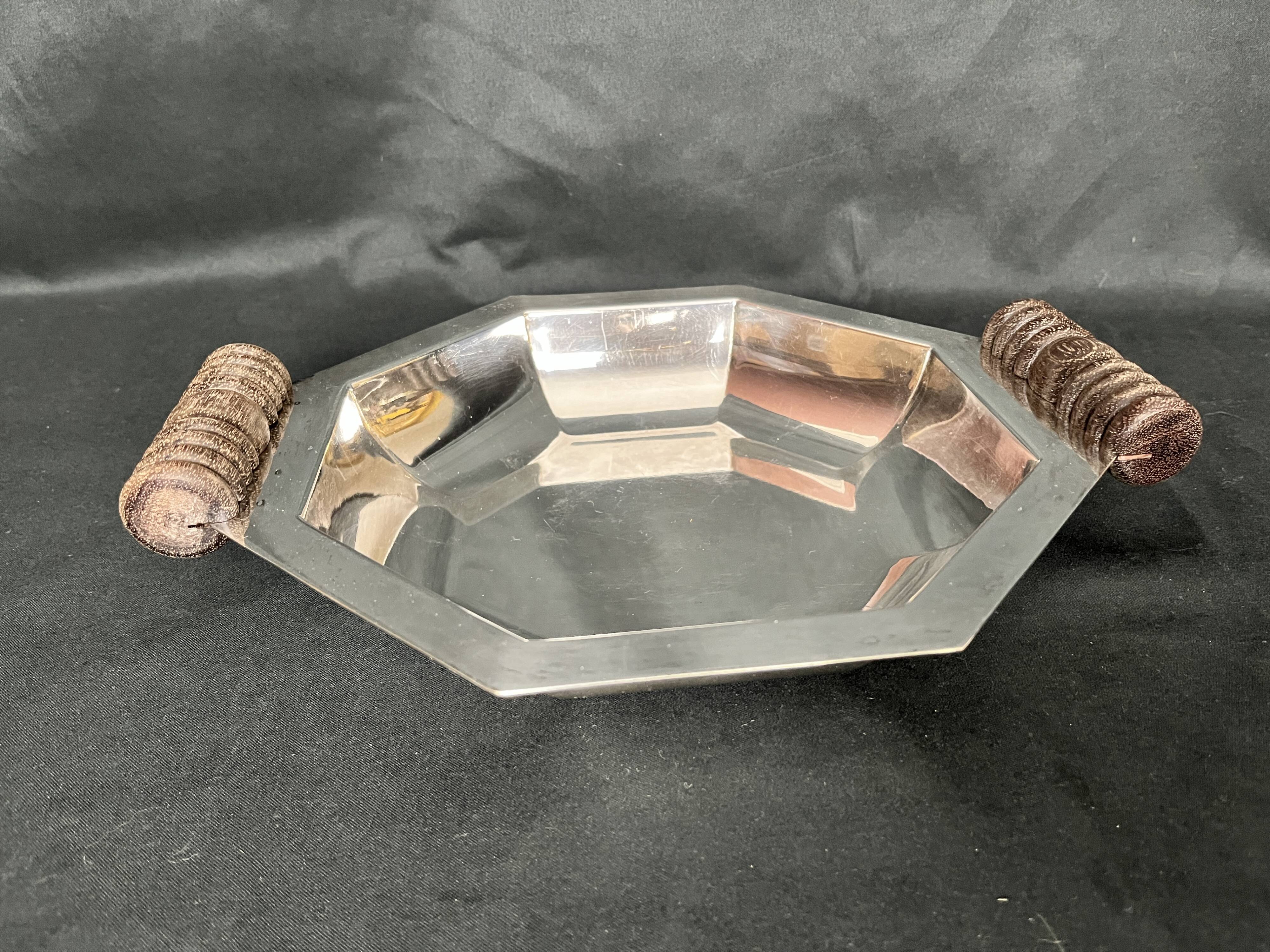 Art deco, Hexagonal cut silver metal socket wood 1930