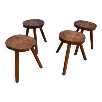 Suite of 4 stools in solid elm circa 1970