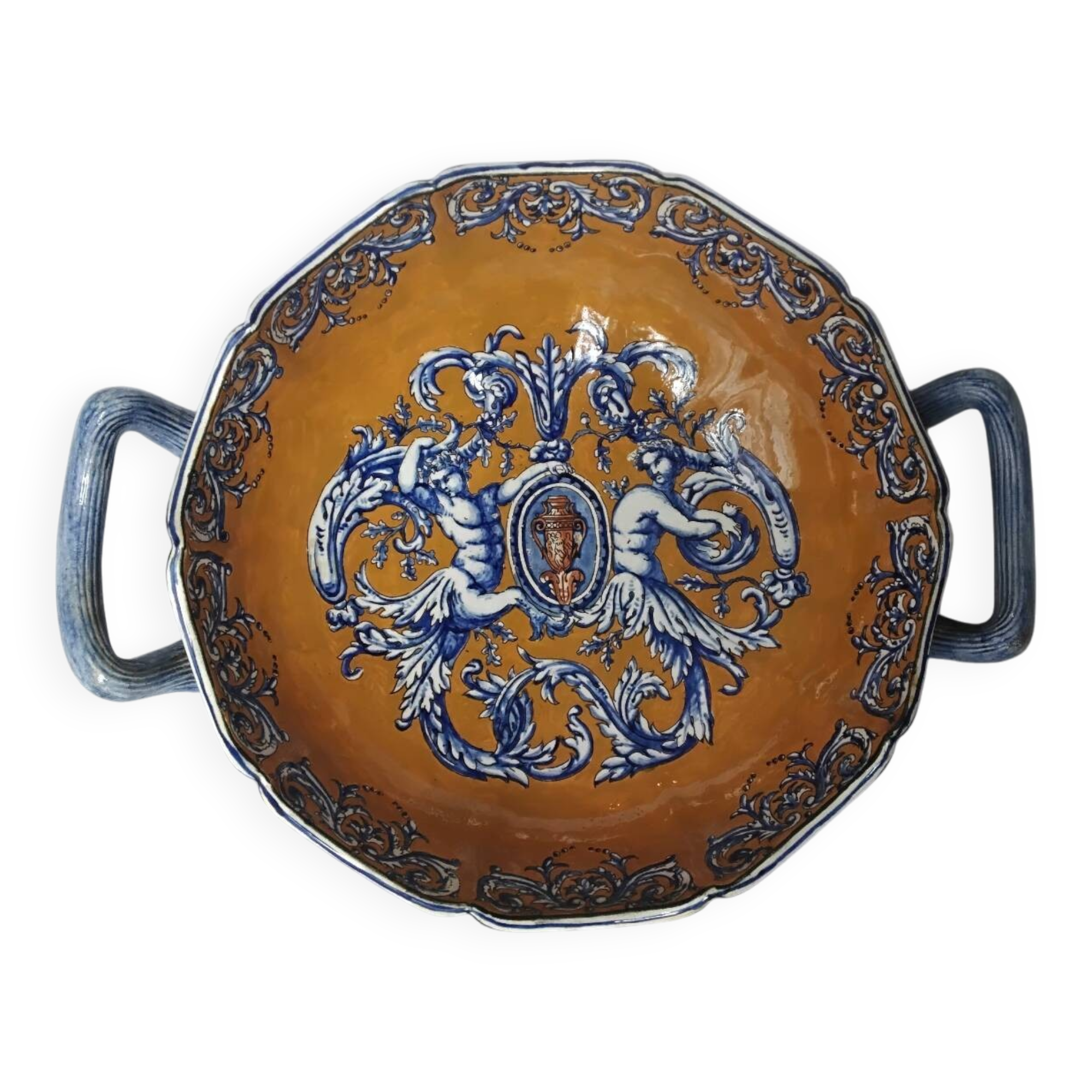 Gien earthenware bowl with handles, Francois I decor, 1860