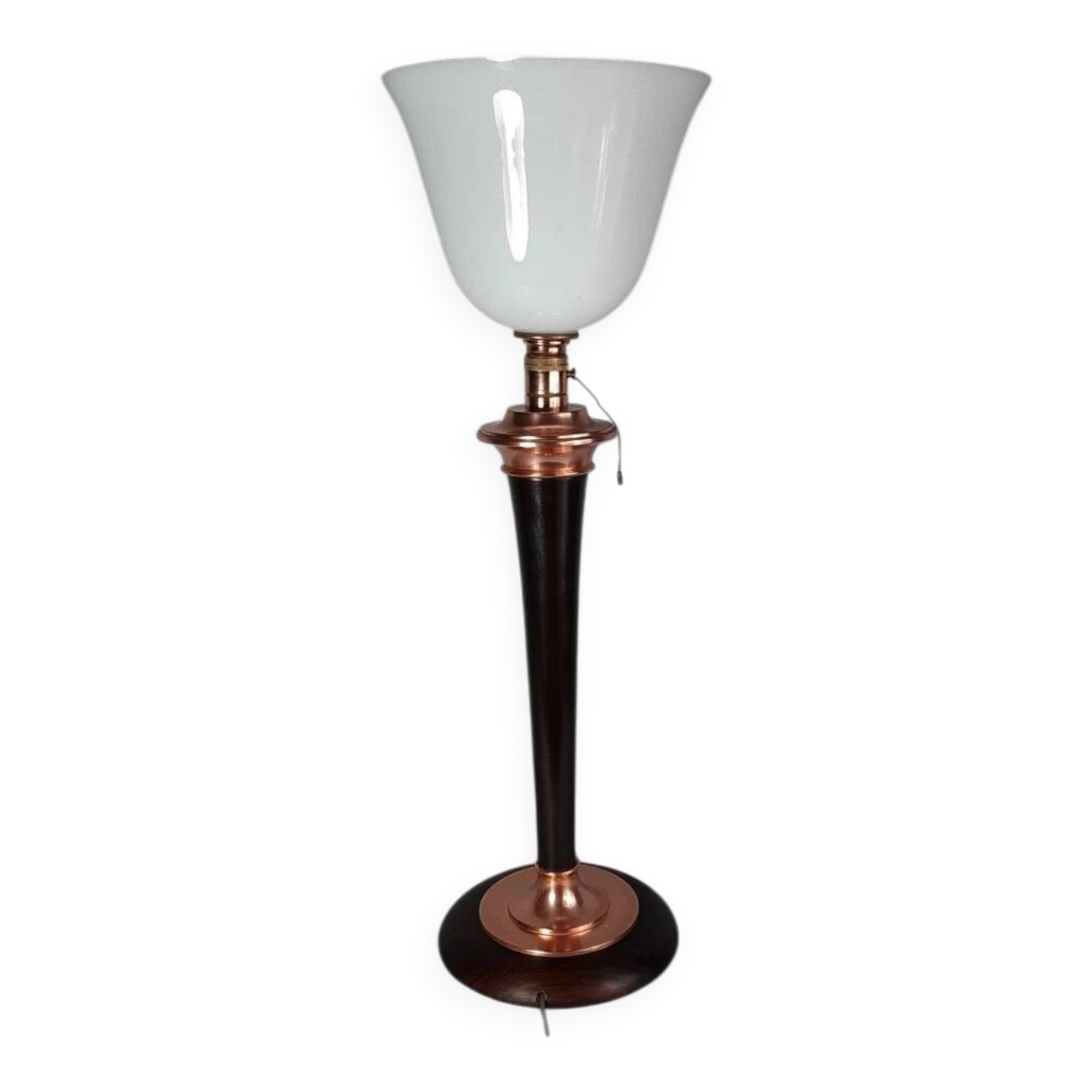 Antique large Mazda Art Deco lamp: opaline glass, wood & copper, 77 cm S802