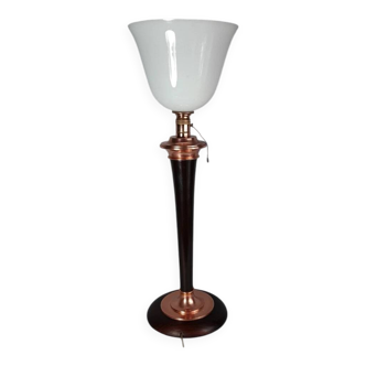 Ancienne grande lampe Mazda Art déco: opaline bois & cuivre, 77 cm S802