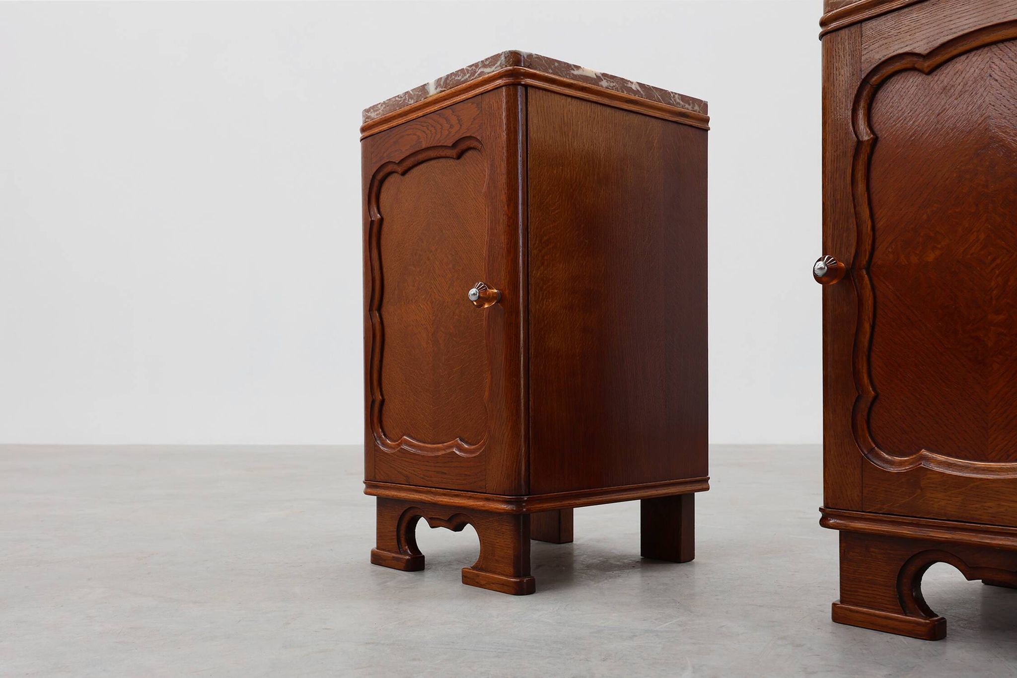 Pair of Art Deco nightstands in oak with marble top, France ca. 1925