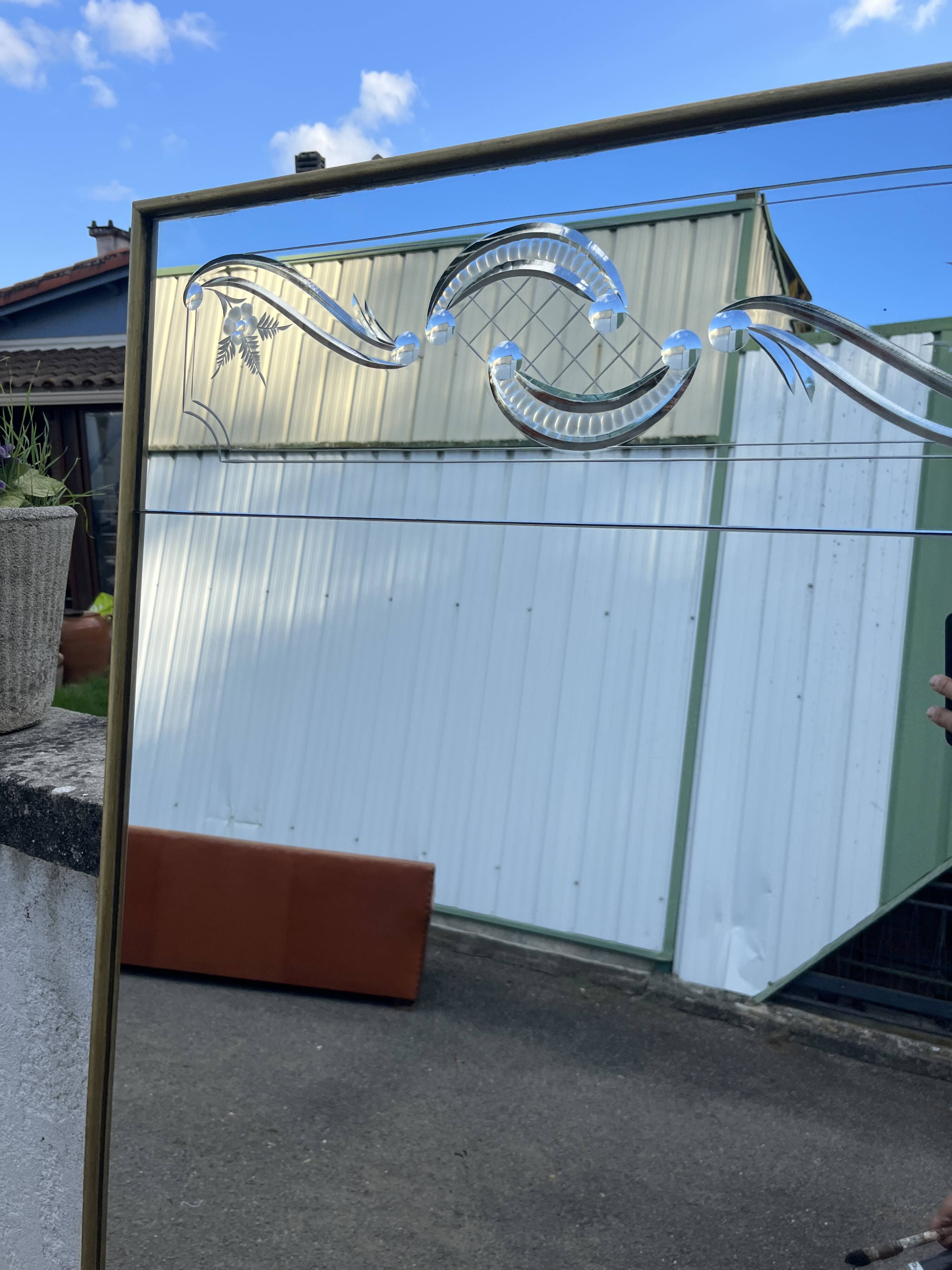 Large Venetian style mirror with engraved decoration and gilded frame 184 cm