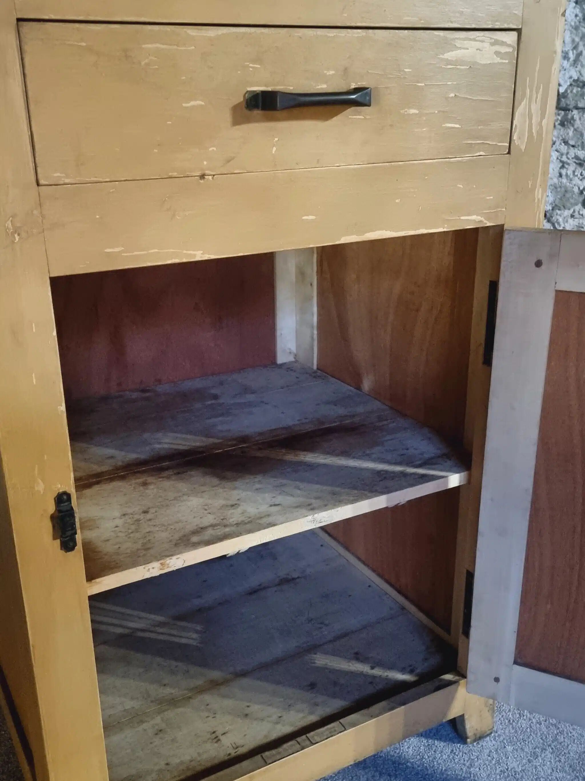 Vintage French Kitchen Work Cabinet - Rustic Painted Pine with Drawer and Cupboard (112 x 70 x 82 cm)