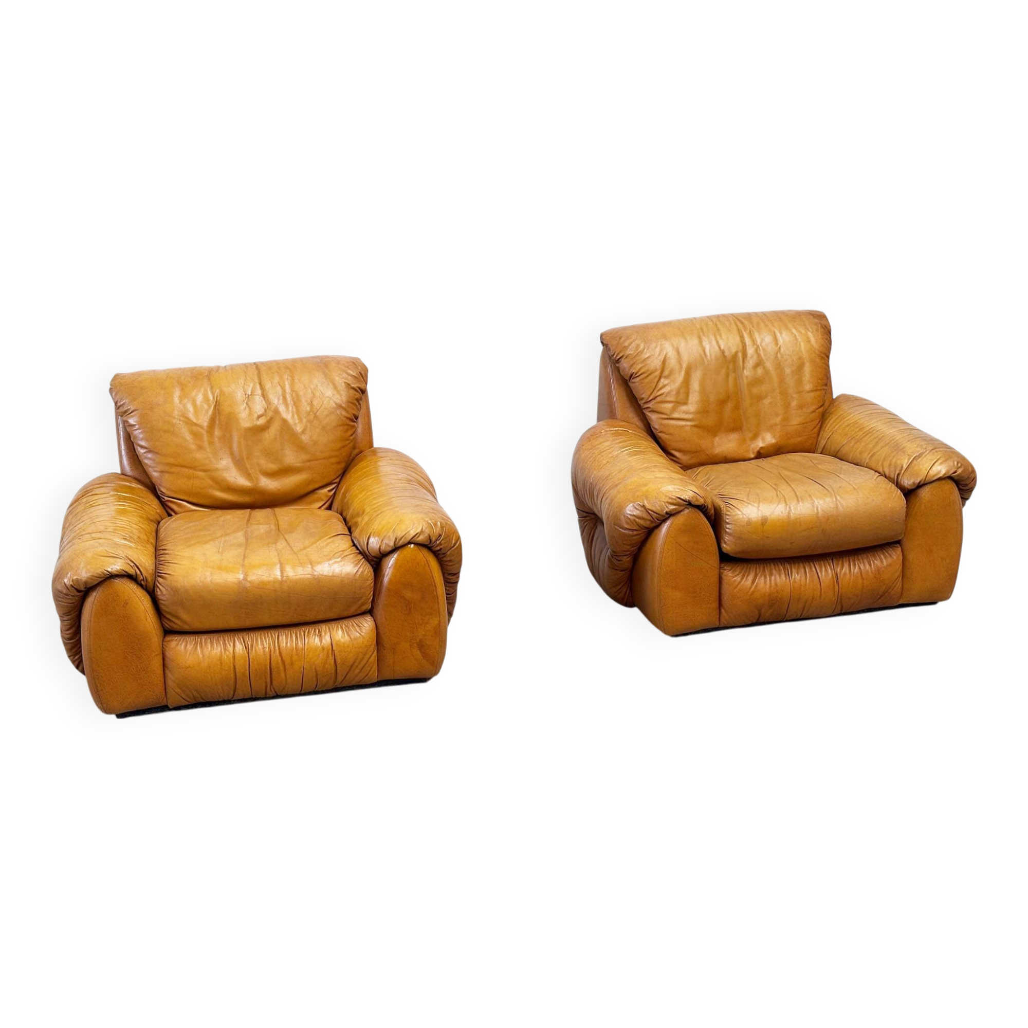 Set of two Italian cognac leather lounge chairs