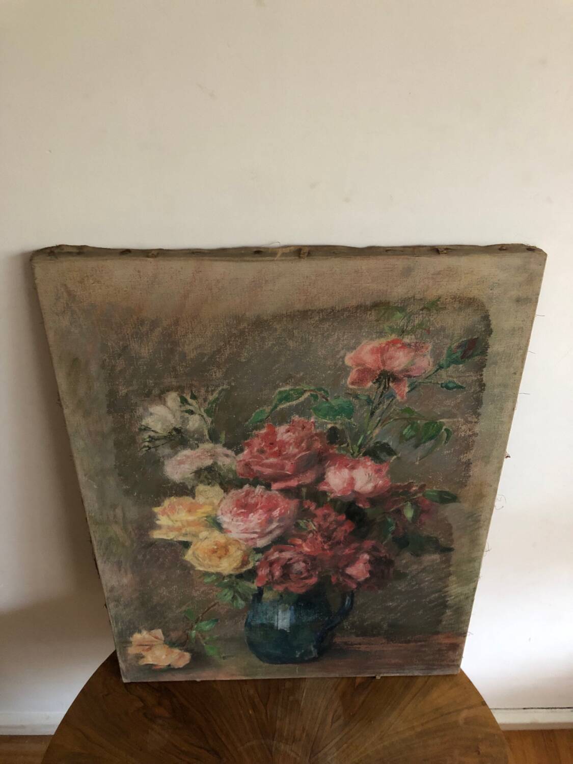 Oil on old canvas Bouquet of roses