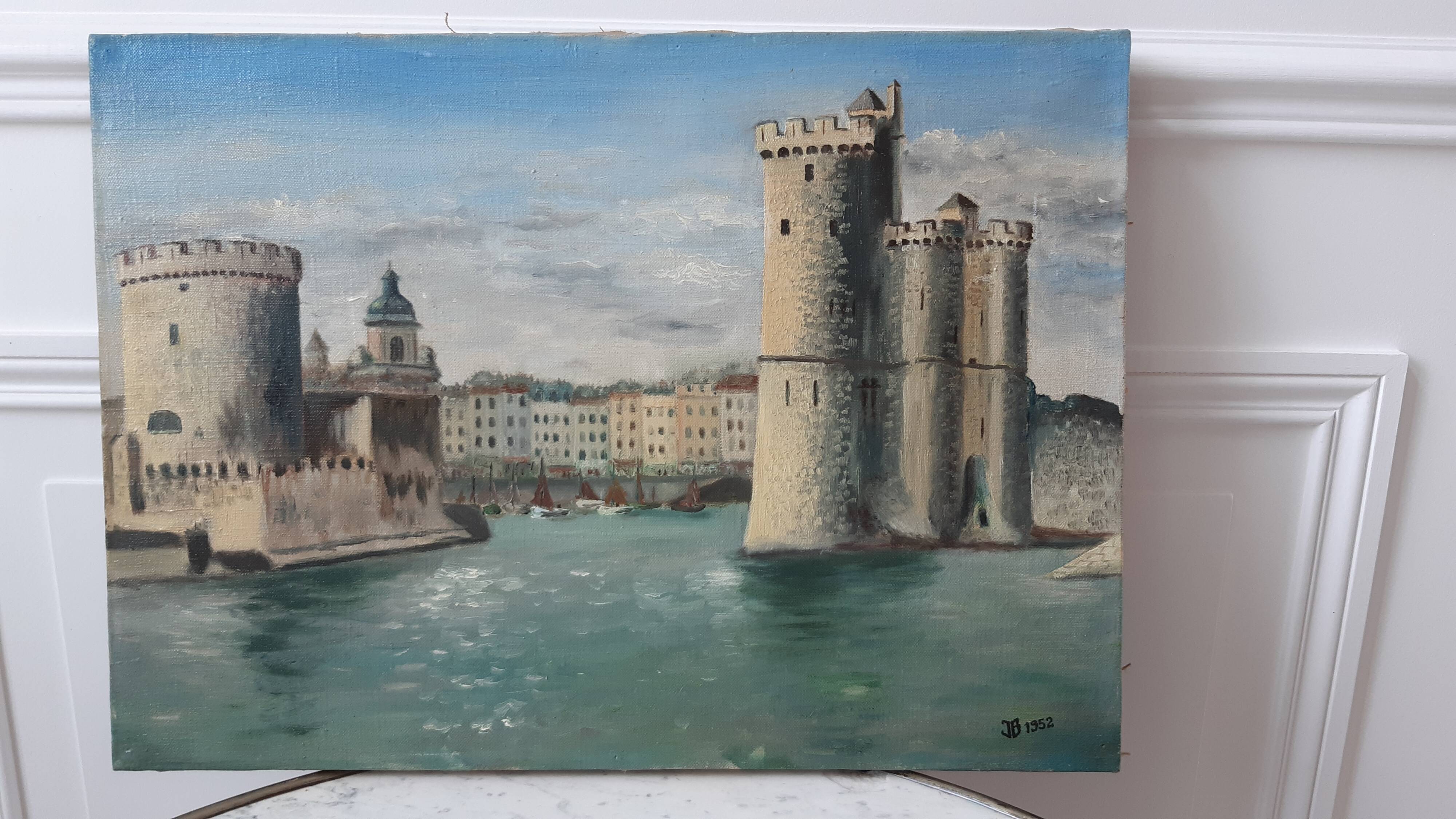 Oil painting on canvas port castle signed 1952