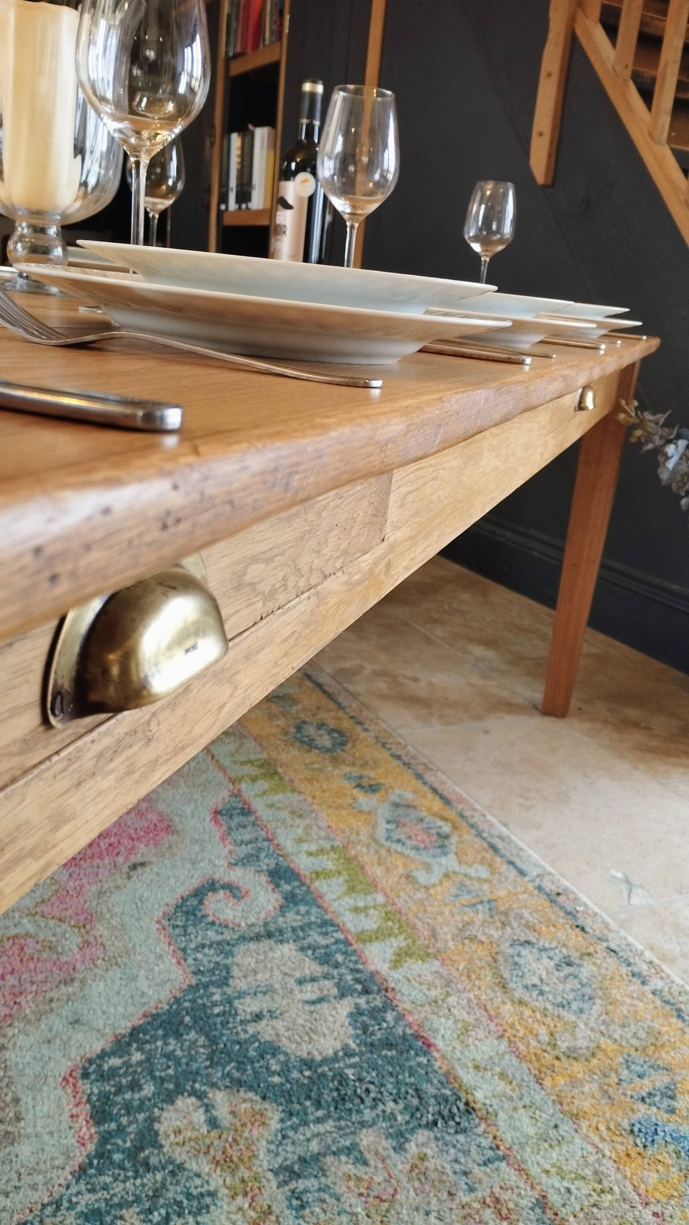 Solid oak farmhouse table, gilded and patinated, two drawers, 260 x 100 cm