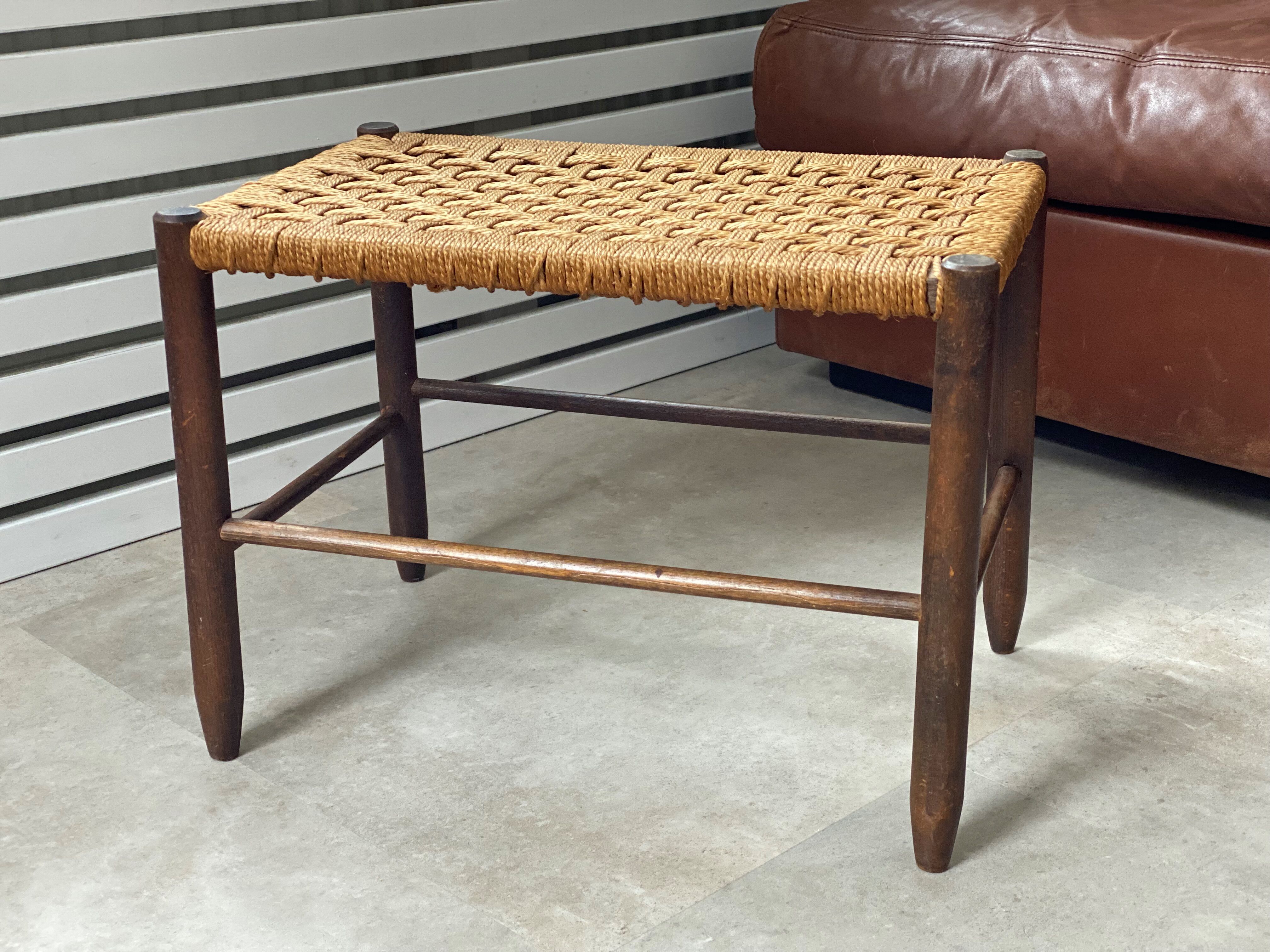Mid Century wooden stool with a woven sisal seat