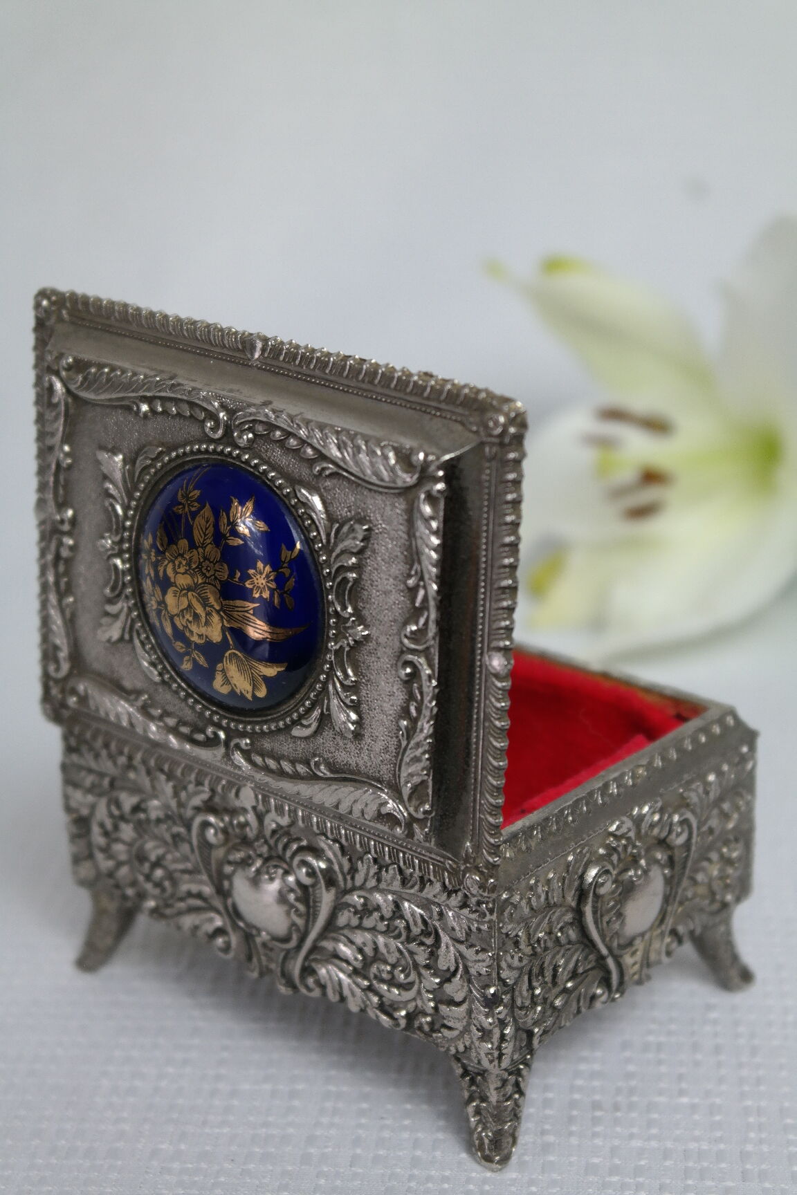 Vintage Silver Metal Jewelry Box Japan