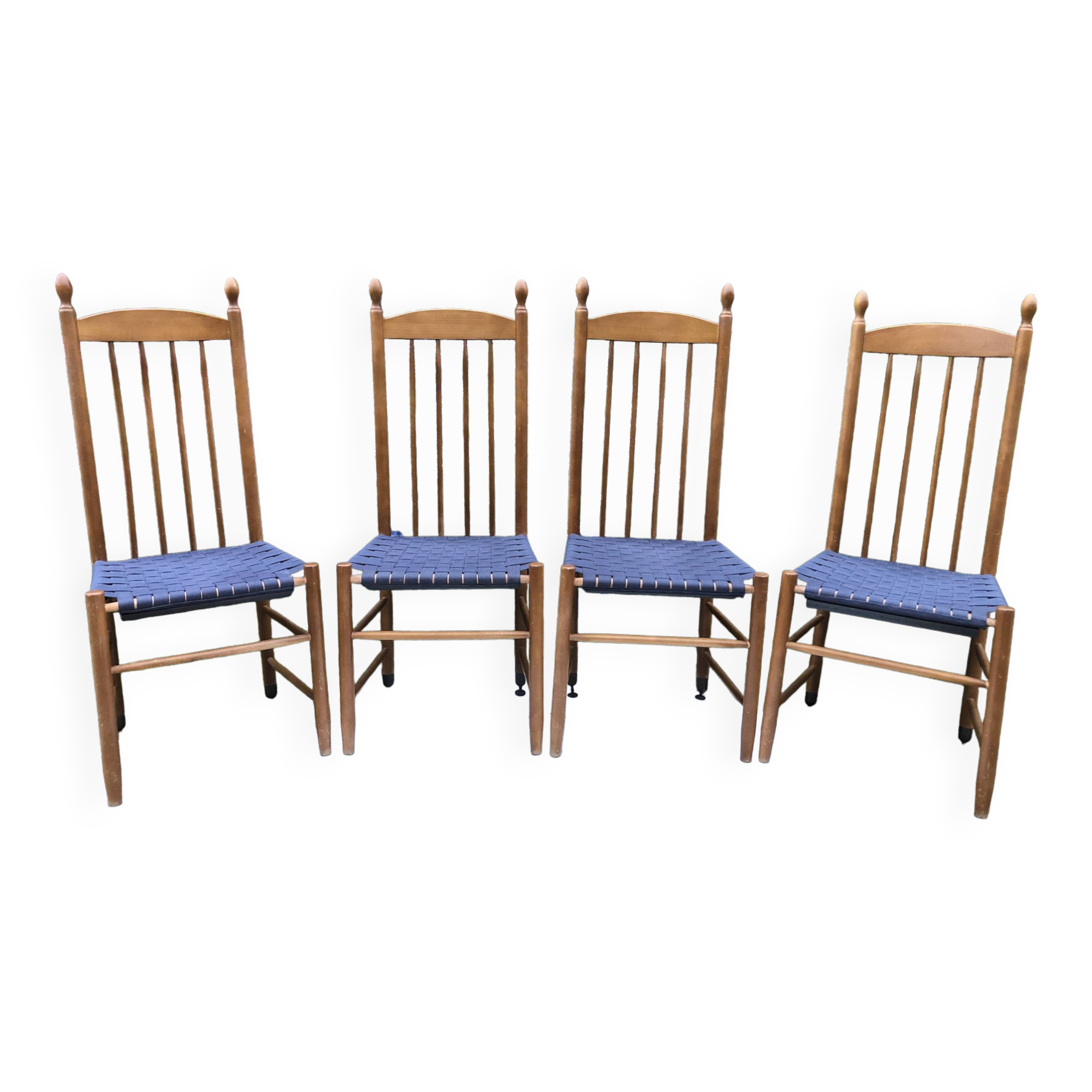 4 vintage Roche Bobois chairs from the 80s in beech with woven seats in blue fabric.