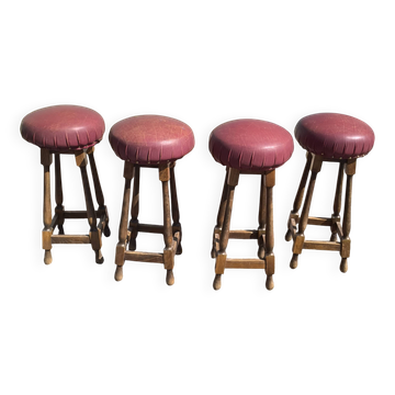 Lot de 4 tabourets de bar cuir et bois
