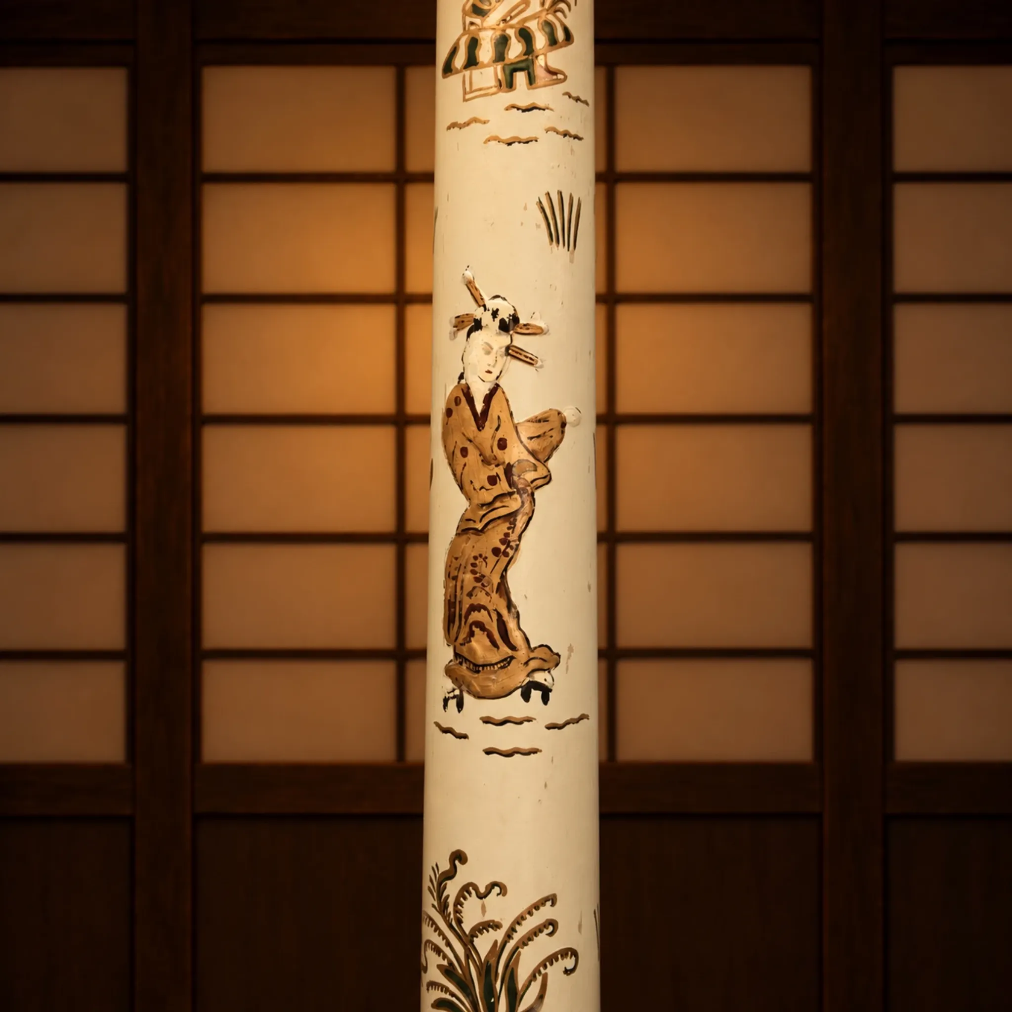 Lampadaire antique japonais peint à la main blanc et or (nouvel abat-jour)