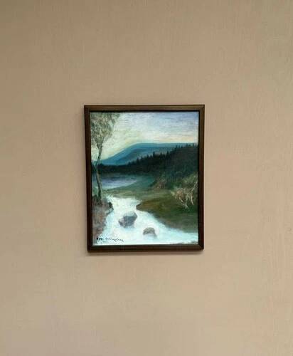 Mid-Century Oil on Canvas “River” by Unknown Artist, Vintage & Framed 36×45cm