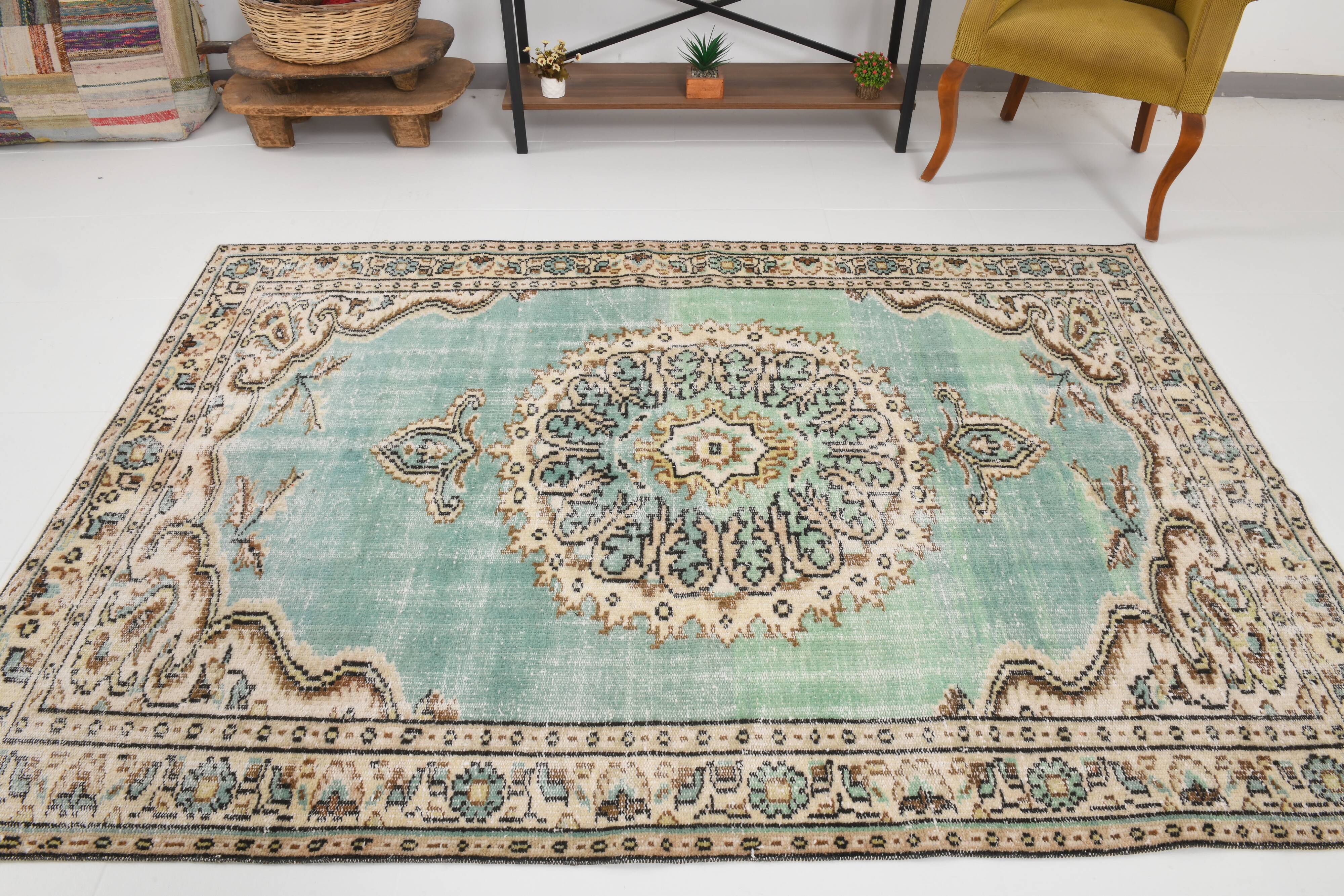 5x8 Green & Cream Oriental Vintage Rug 157x235Cm SK 24776