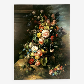 Large process on hand-enhanced canvas, bouquet of flowers on entablature