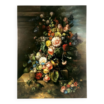 Large process on hand-enhanced canvas, bouquet of flowers on entablature