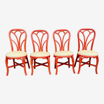 Set of 4 red rattan chairs and fabric