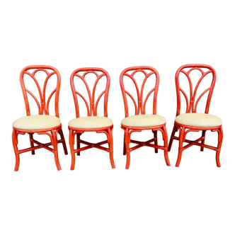 Set of 4 red rattan chairs and fabric