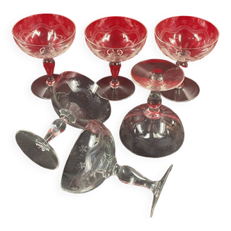 Portieux Service of 6 engraved crystal champagne glasses. Early 20th century H. 11.5 cm