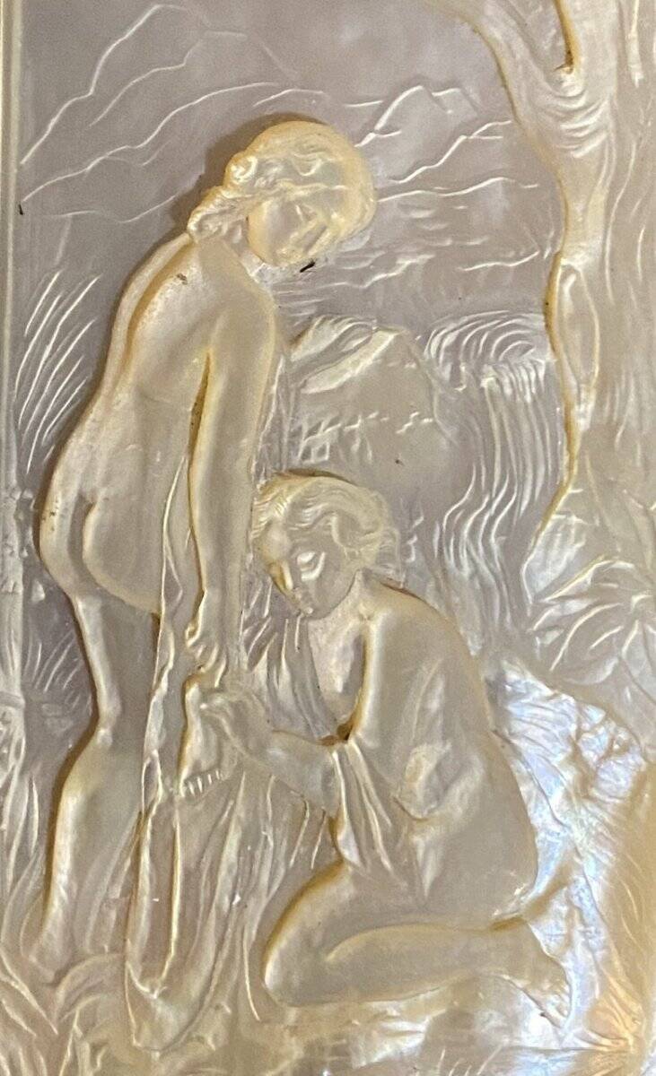 Mother-of-pearl carved plaque, two young girls bathing