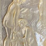 Mother-of-pearl carved plaque, two young girls bathing
