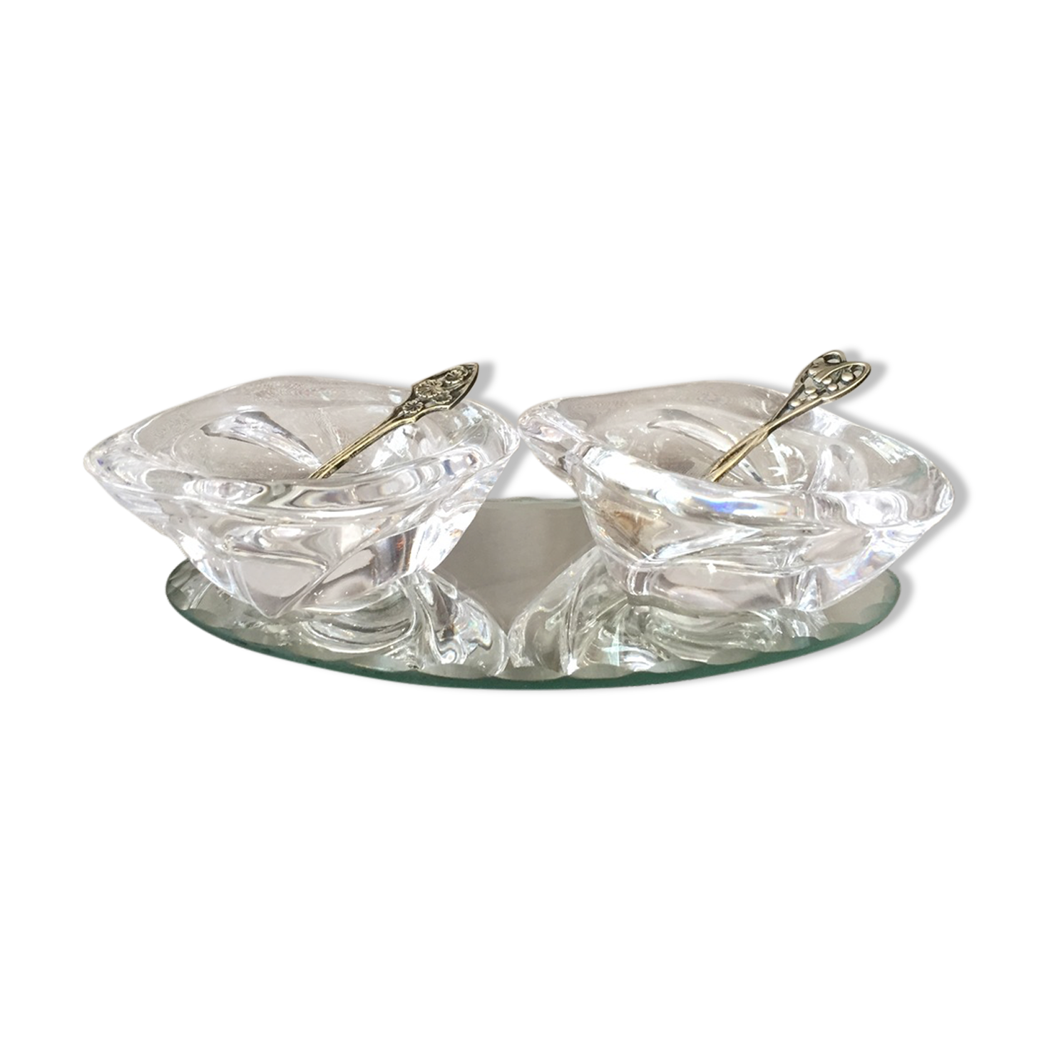 DUO OF CRYSTAL SALTERS SMALL SILVER METAL SPOONS