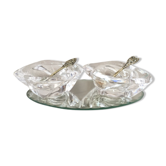 DUO OF CRYSTAL SALTERS SMALL SILVER METAL SPOONS