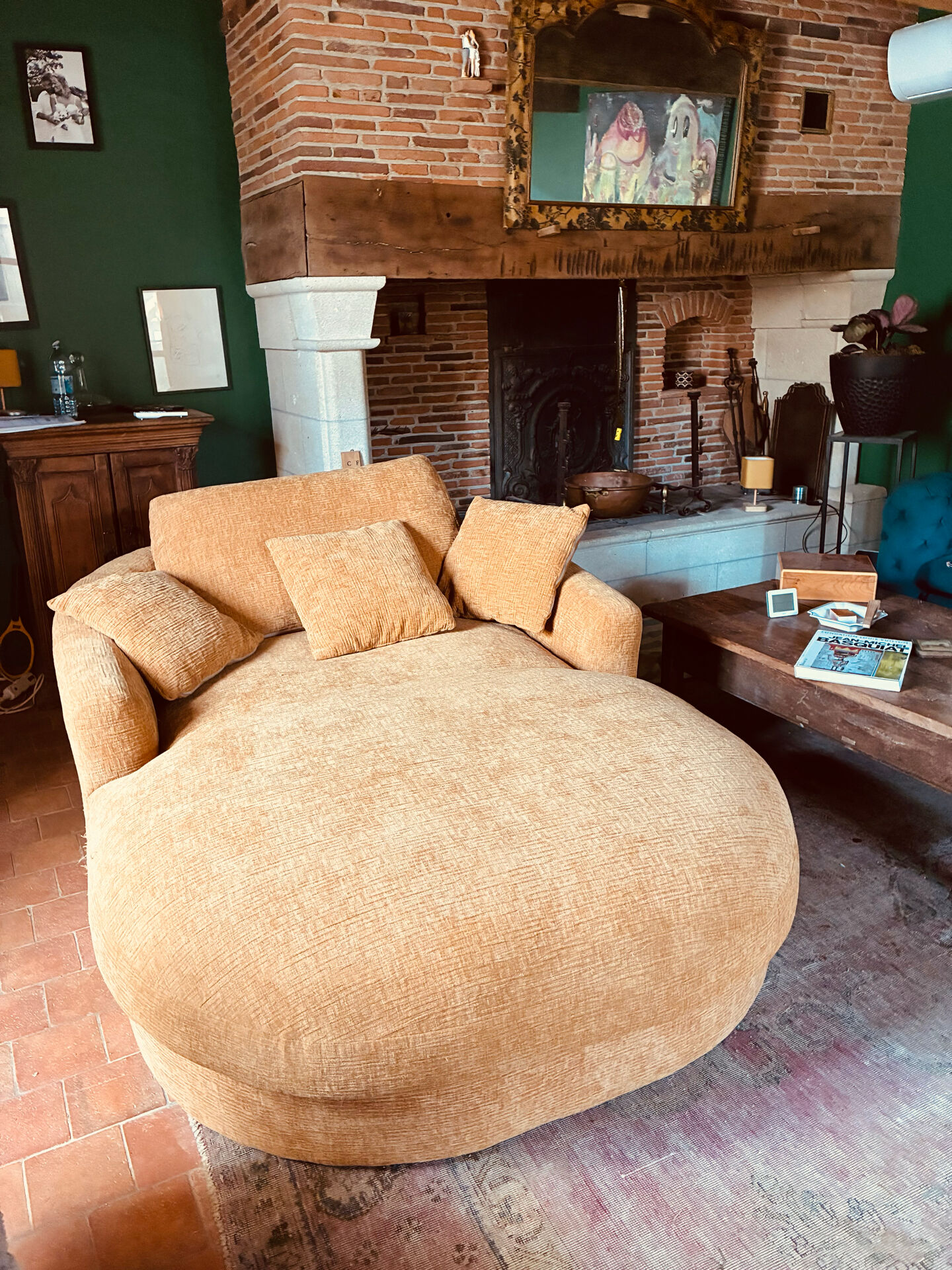 Belem meridian sofa by bobo chic in textured ochre fabric.