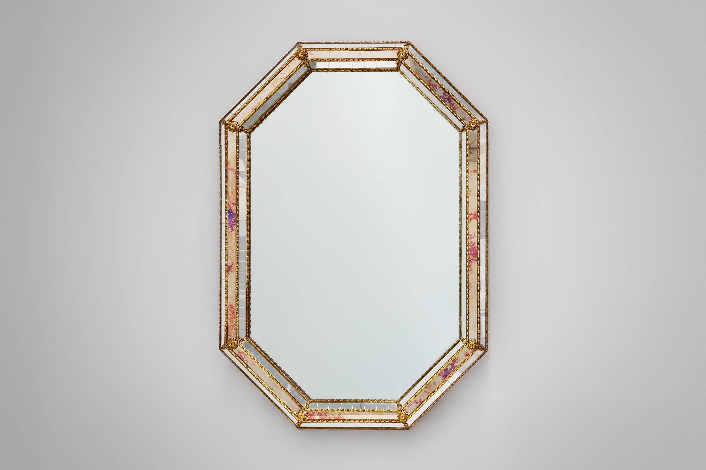 Venetian style octagonal mirror marked MGB, Planilux, Cristanola, Spain