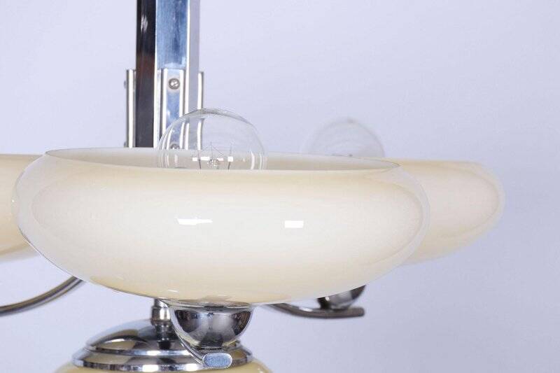 Art Deco Chandelier in Chrome-Plated Steel and Opal Glass, Czech, 1920s