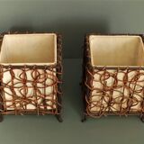 Pair of ethnic table lamps - braided water hyacinth roots, wrought iron, cotton