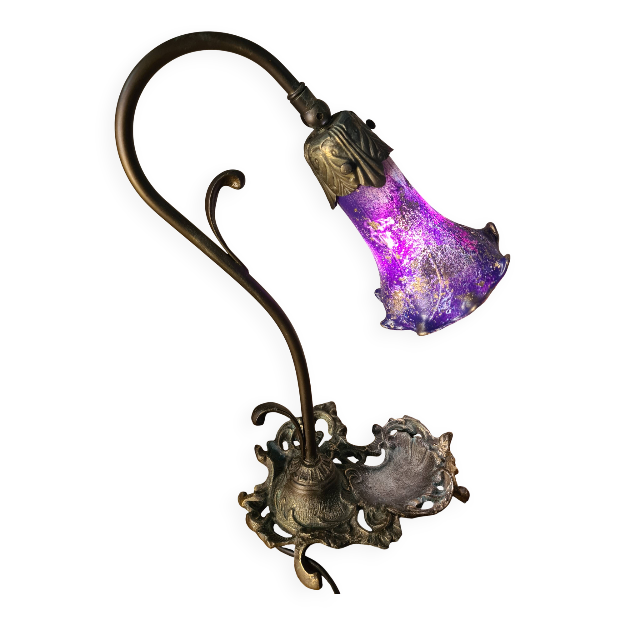 bronze patinated cast iron lamp with painted shade 38x24 art nouveau style