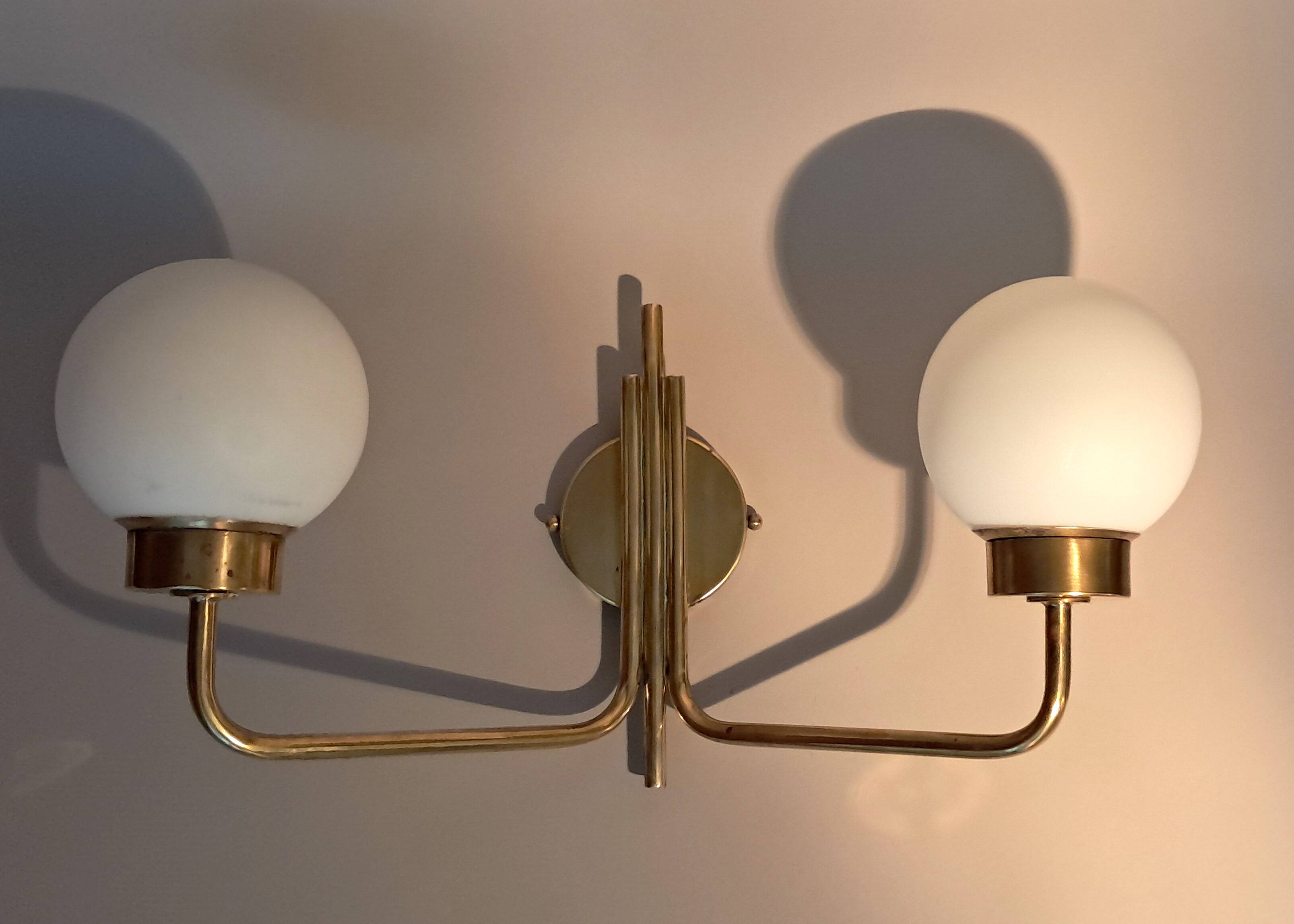 Brass and opaline two-light wall lamp, 1960