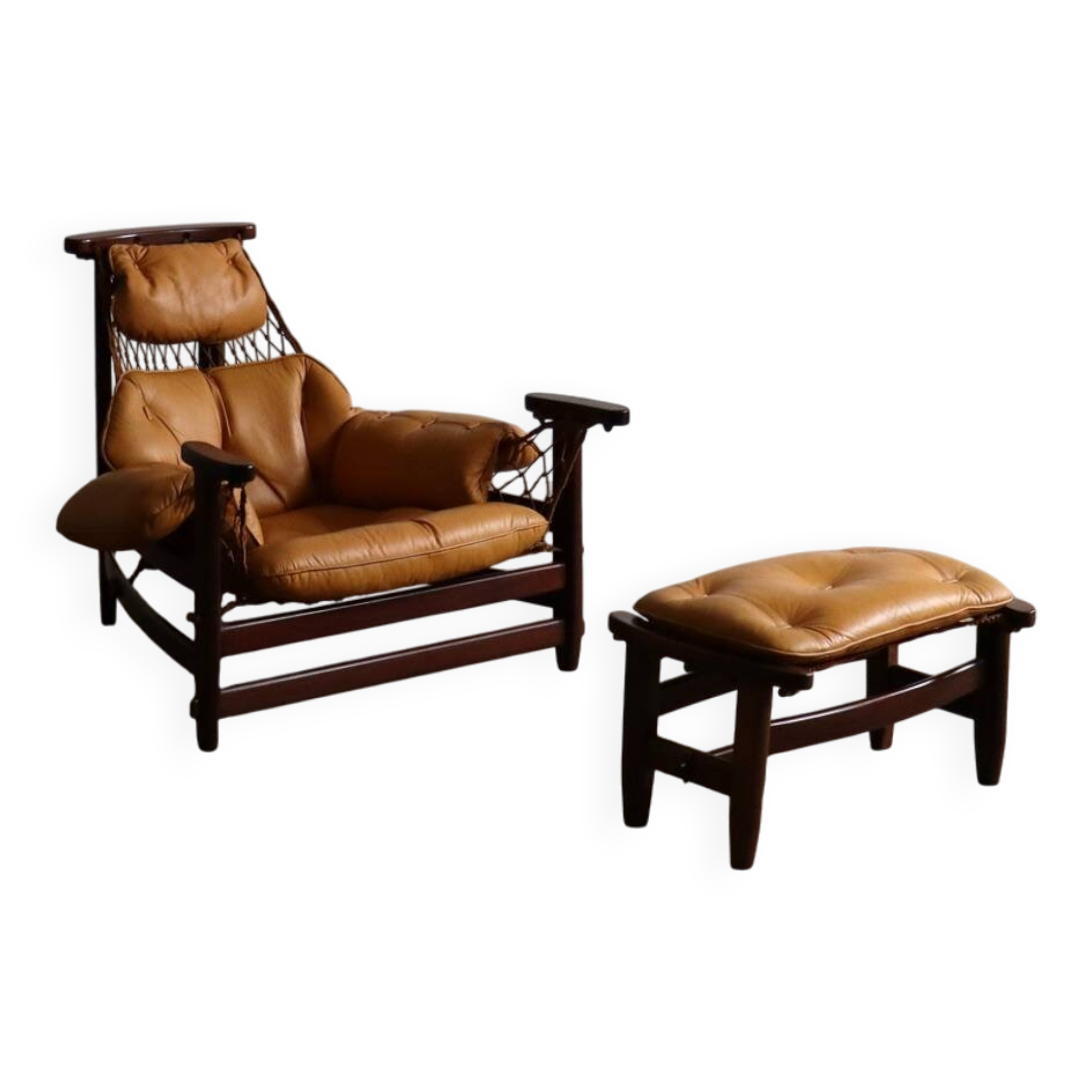 Jangada lounge chair with ottoman in cognac leather by Jean Gillon, Brazil, 1960s