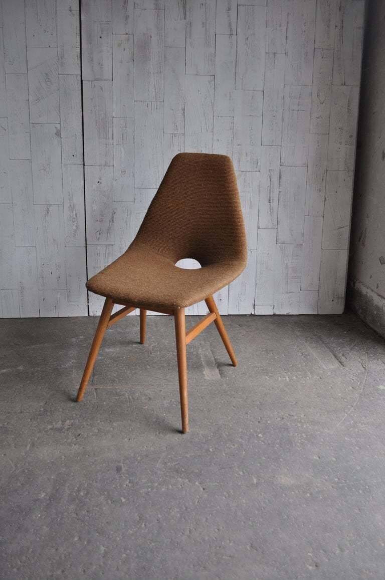 Erika mid-century accent chair brown fabric and wooden legs — design 1959 Judit Burián