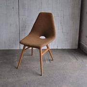 Erika mid-century accent chair brown fabric and wooden legs — design 1959 Judit Burián