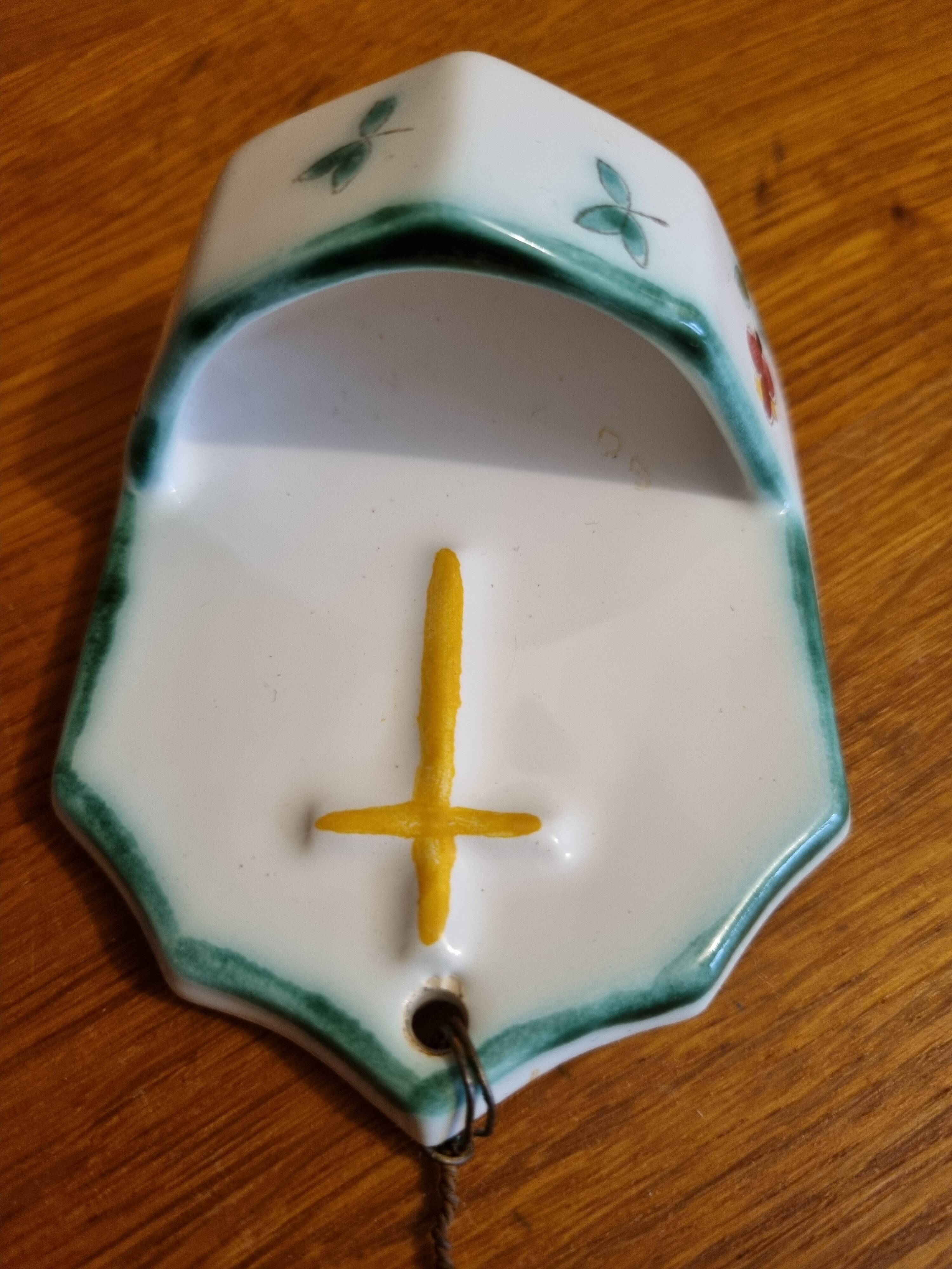 Small antique porcelain holy water font with cross
