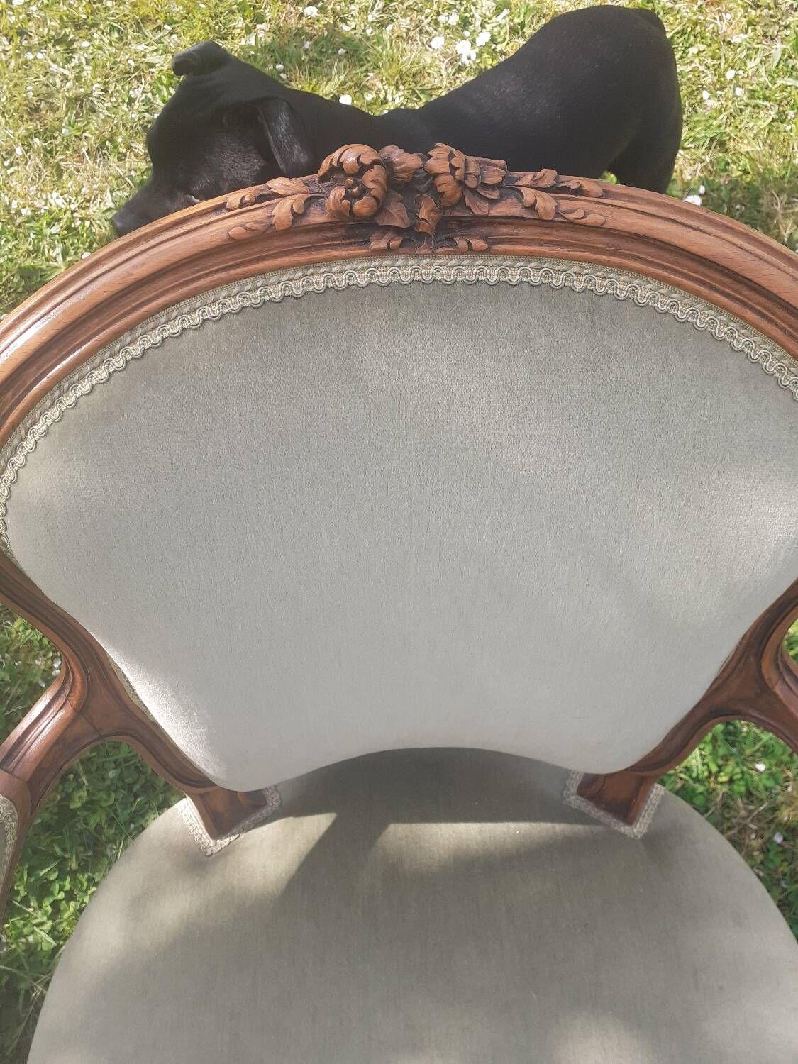 Pair of Rocaille style armchairs in green fabric and walnut, 19th century
