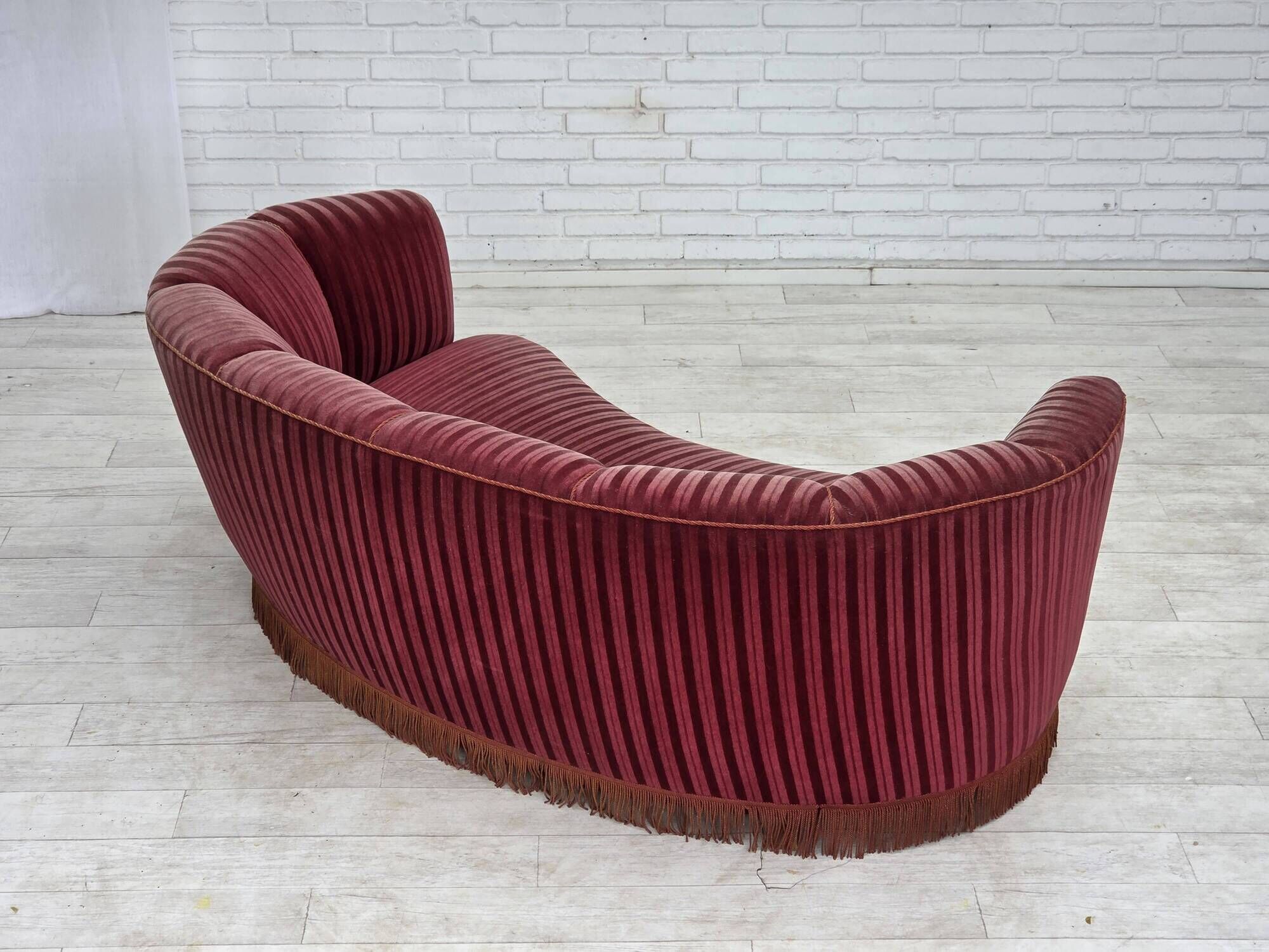 1960s, Danish 2-seater "Banan" sofa, furniture velour, oak wood.
