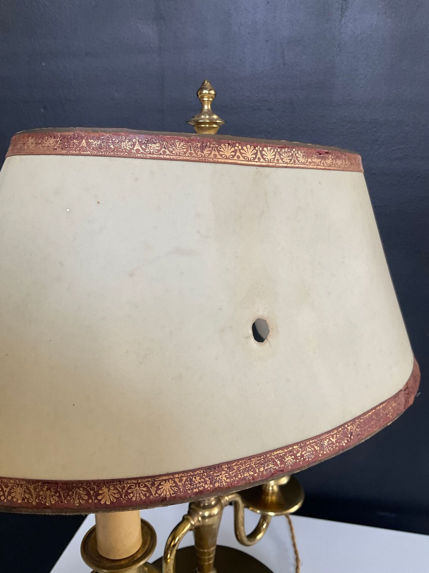 Directoire style bouillotte lamp in brass with double lights.