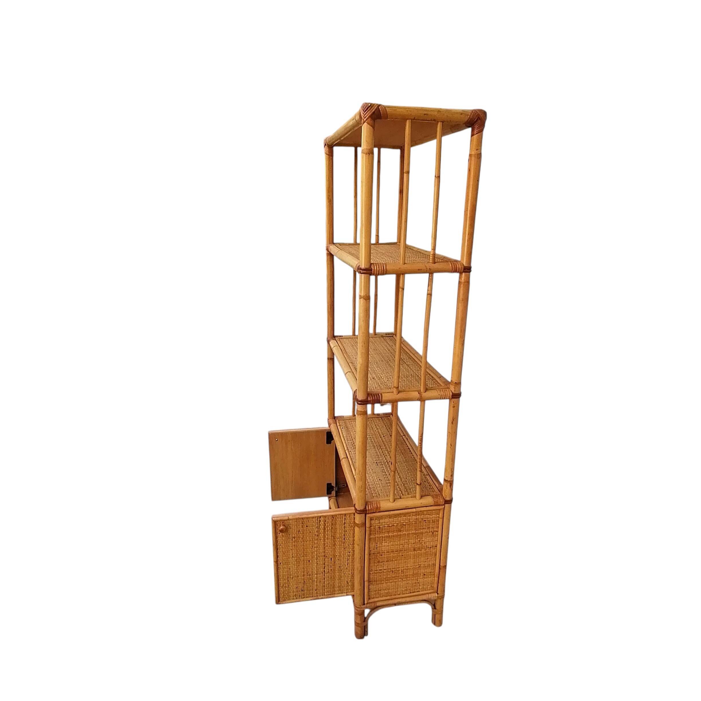Bamboo and wicker bookshelf, vintage boho-chic from the '70s.