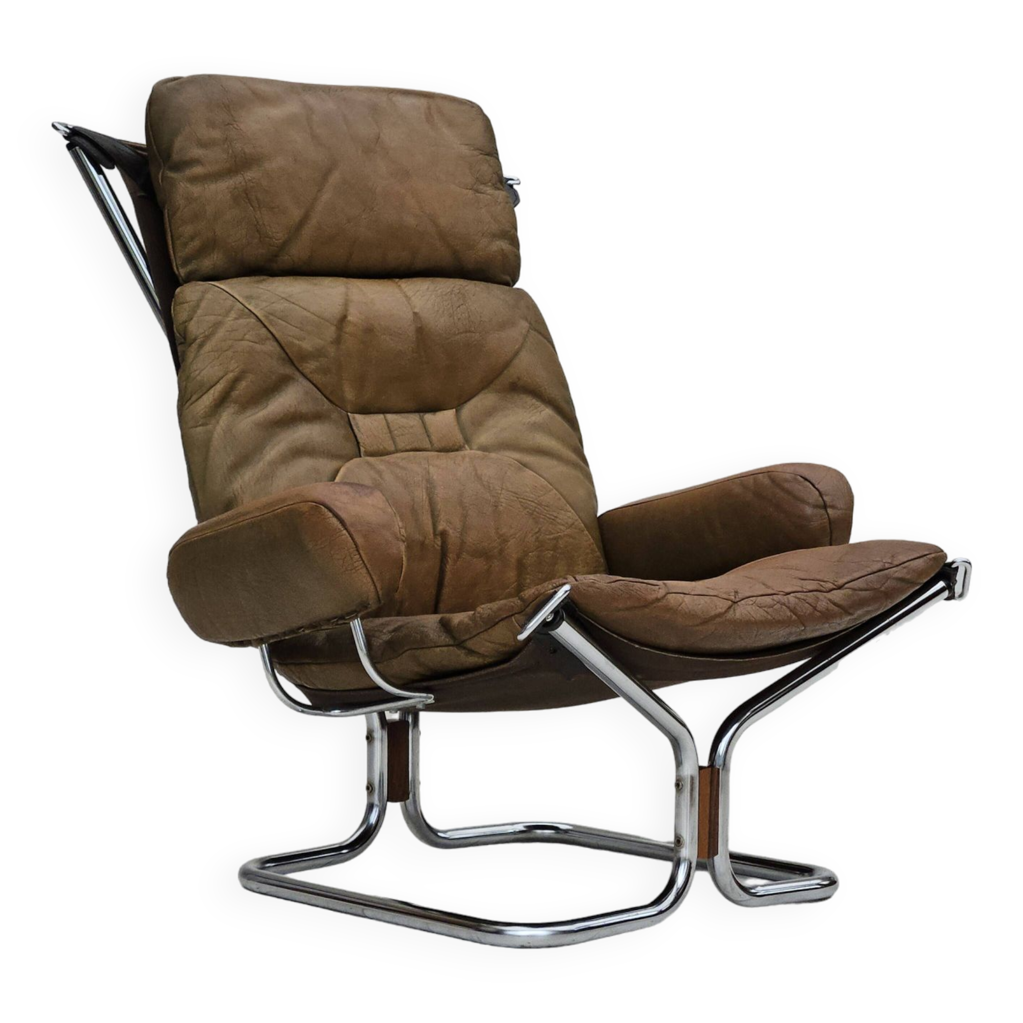 1970s, Norwegian design by Harald Relling, original condition, leather, chrome steel, teak wood.
