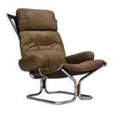 1970s, Norwegian design by Harald Relling, original condition, leather, chrome steel, teak wood.