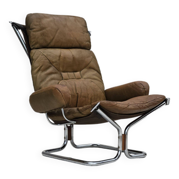 1970s, Norwegian design by Harald Relling, original condition, leather, chrome steel, teak wood.