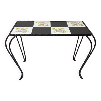 Coffee table in wrought iron and earthenware 60s pink pattern