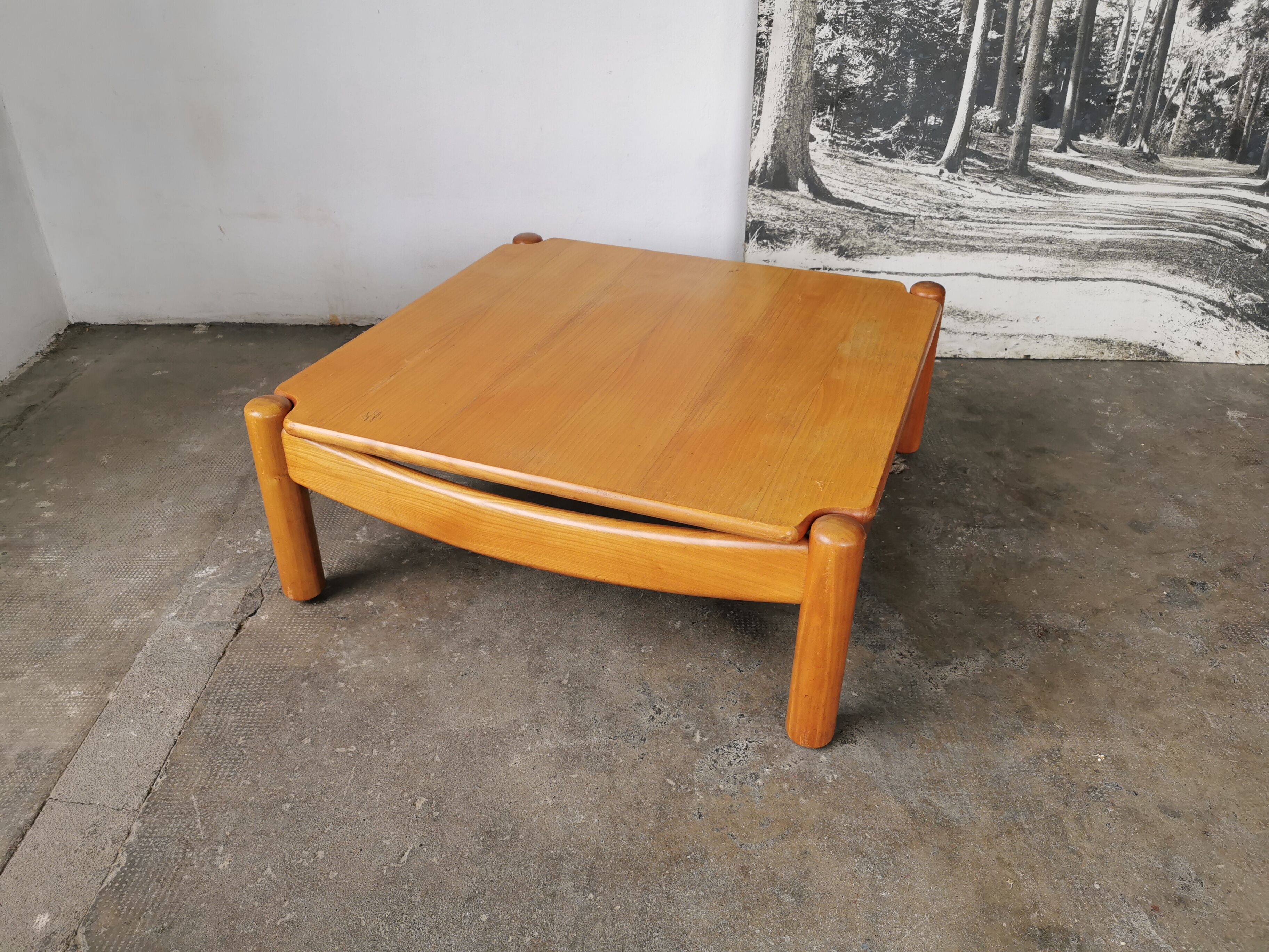 Square coffee table in solid blond wood 80s